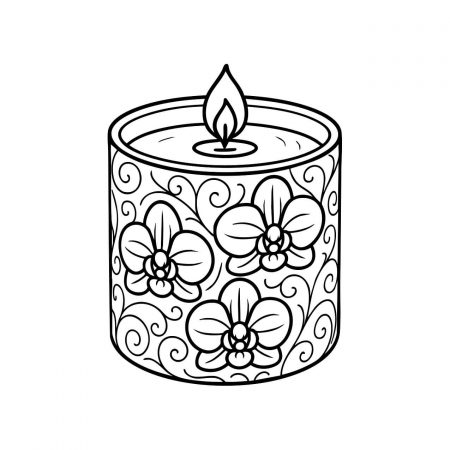 free printable candle coloring page with orchid flowers and swirl patterns