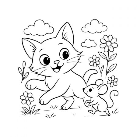 free printable coloring page of playful cat and mouse in a flower garden