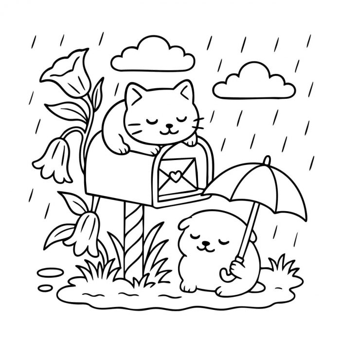 free printable coloring page of cat on mailbox and dog with umbrella in the rain