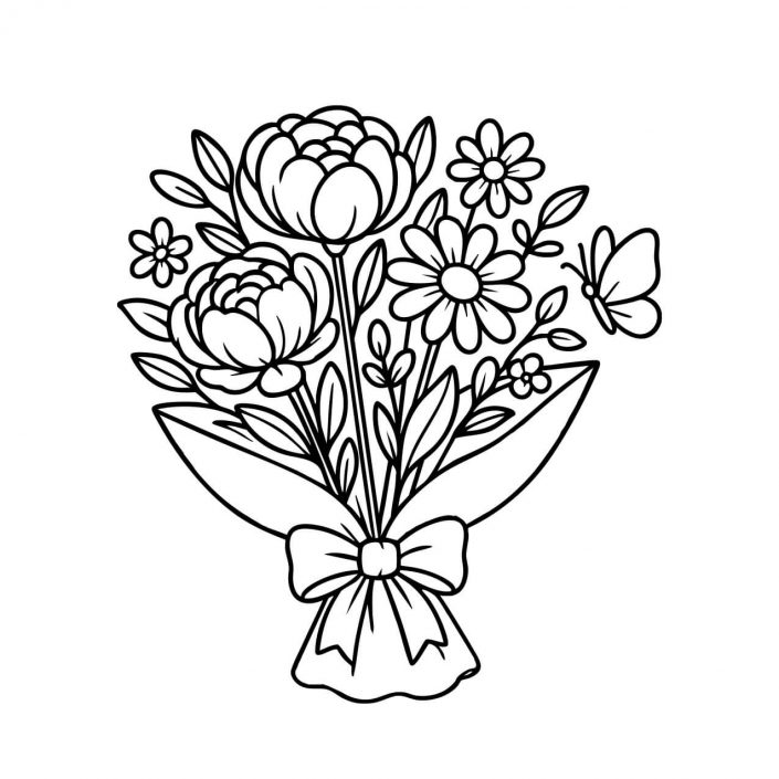 free printable peony and daisy bouquet coloring sheet for adults and kids