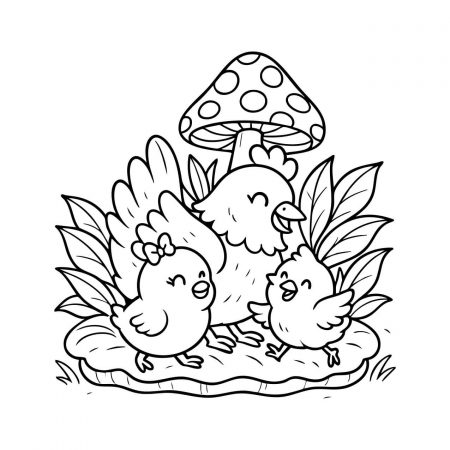 printable baby chicks and mushroom forest scene for kids