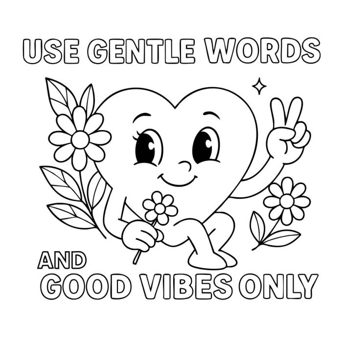 Kind heart character with peace sign and flowers promoting good vibes only