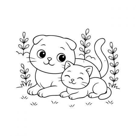 free printable coloring page of two cute cats cuddling in a garden